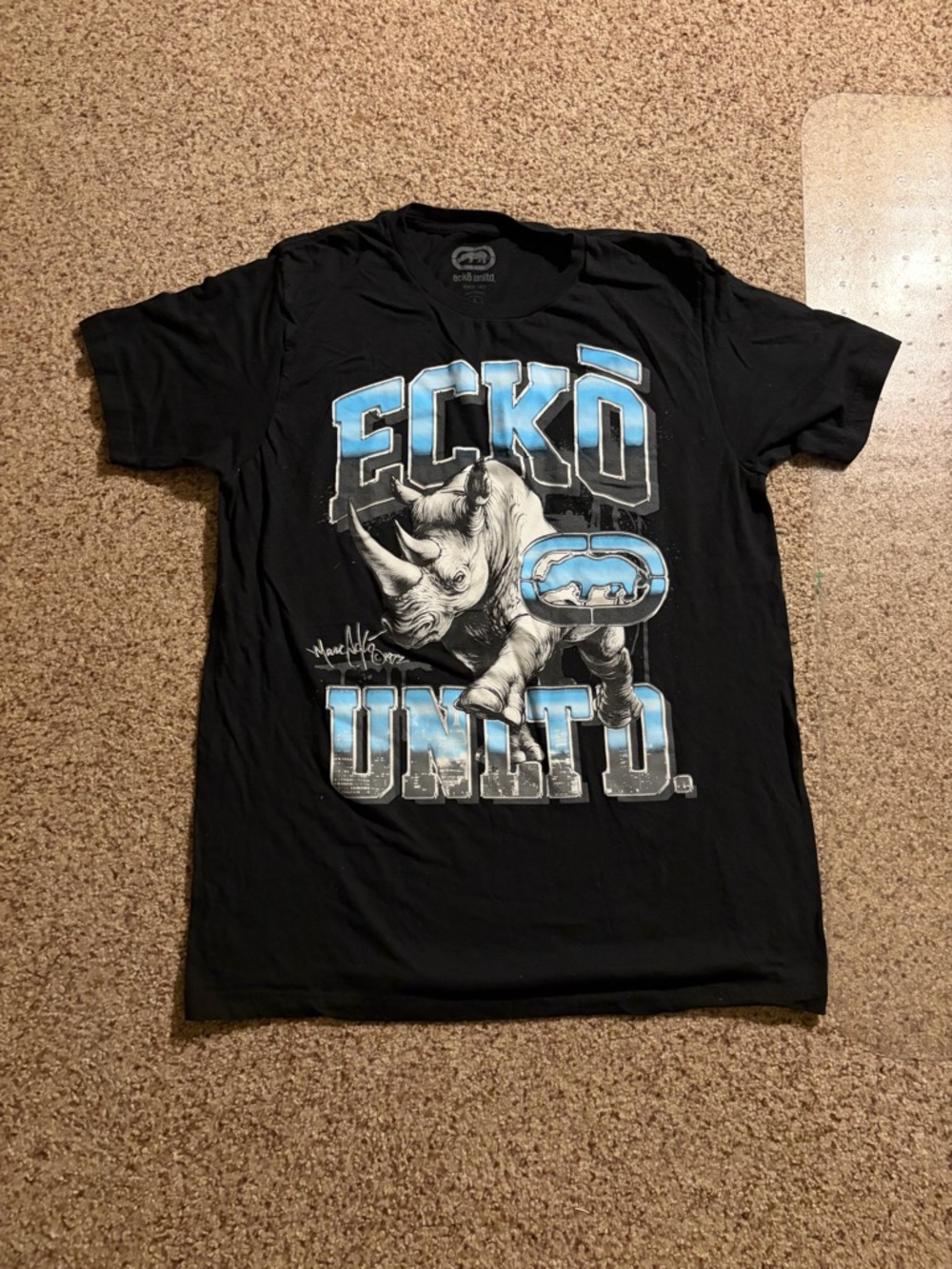 Ecko Unlimited Black Tee with Blue & Gray Rhino Graphic